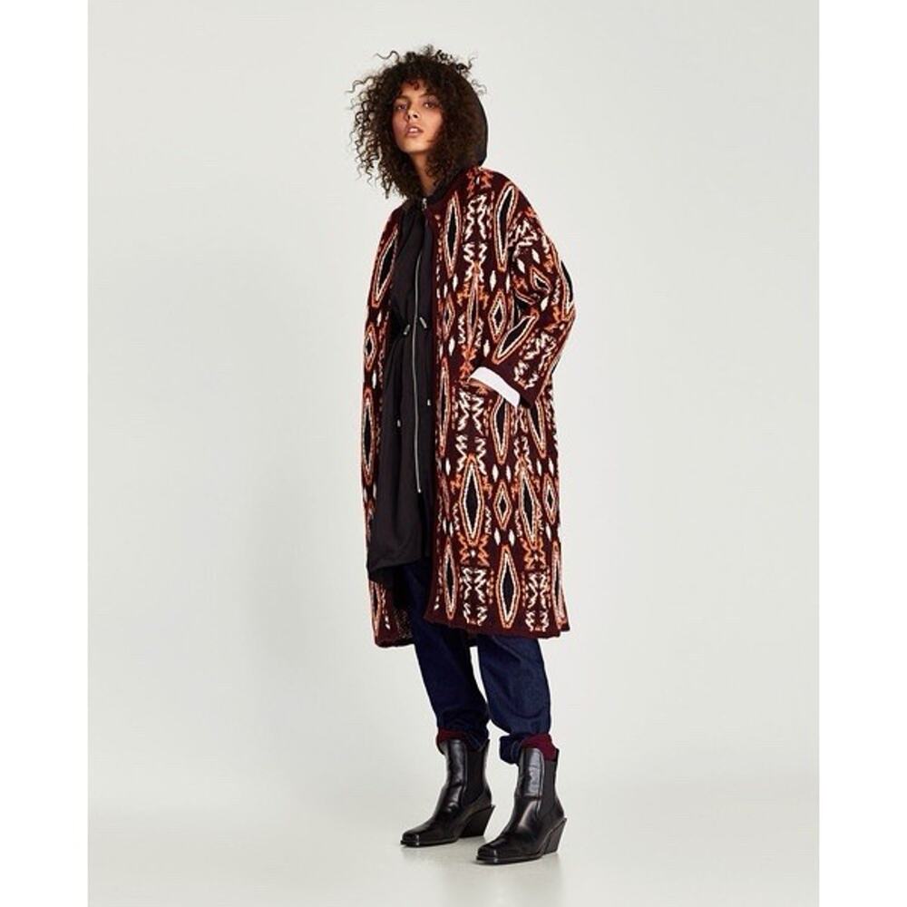 Zara Geometric Jacquard Long Cardigan Sweater Coat Orange Boho Print Duster M